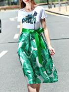 Romwe Green Leaves Print Butterfly Sequined Tie-waist Dress
