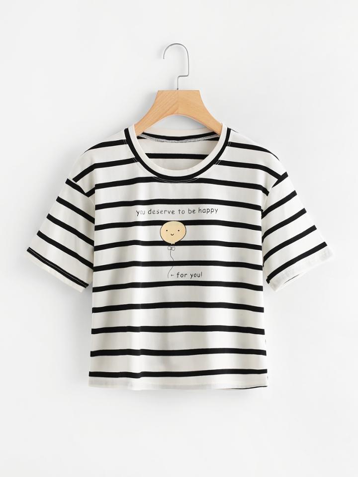 Romwe Drop Shoulder Balloon Print Striped Tee