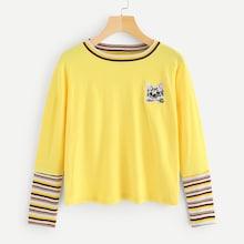 Romwe Striped Panel Animal Patched Tee