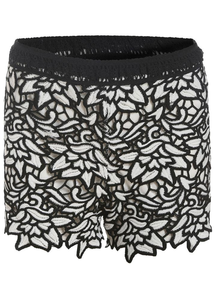 Romwe Elastic Waist Embroidered Shorts