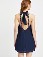 Romwe Crochet Lace Open Back Bow Tie Halter Dress