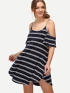 Romwe Navy Cold Shoulder Striped Dress