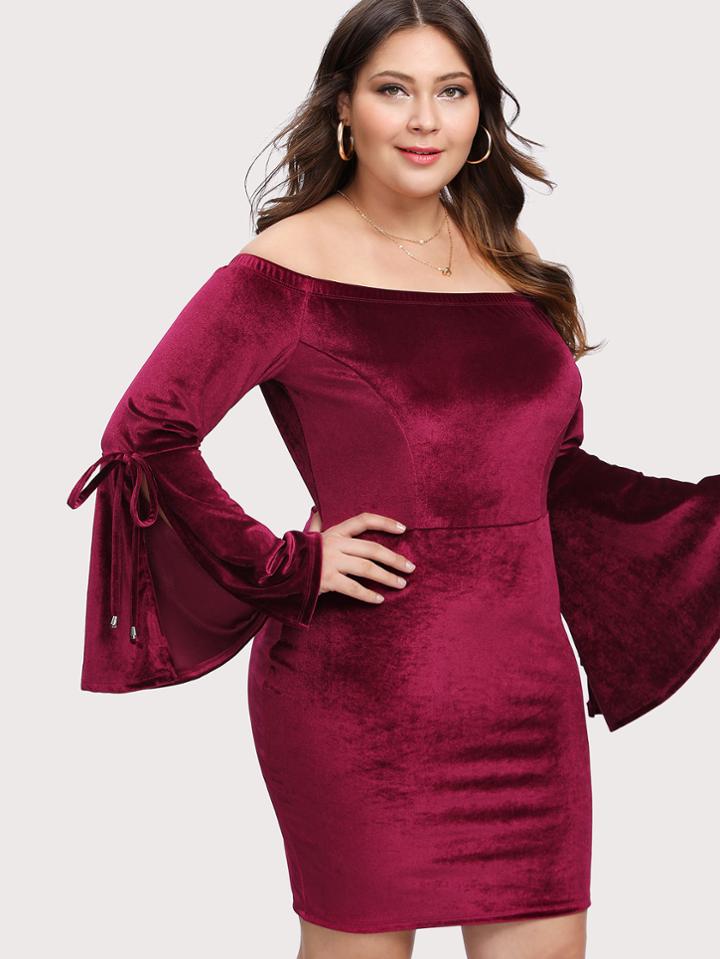 Romwe Flounce Sleeve Bow Tie Cuff Velvet Dress