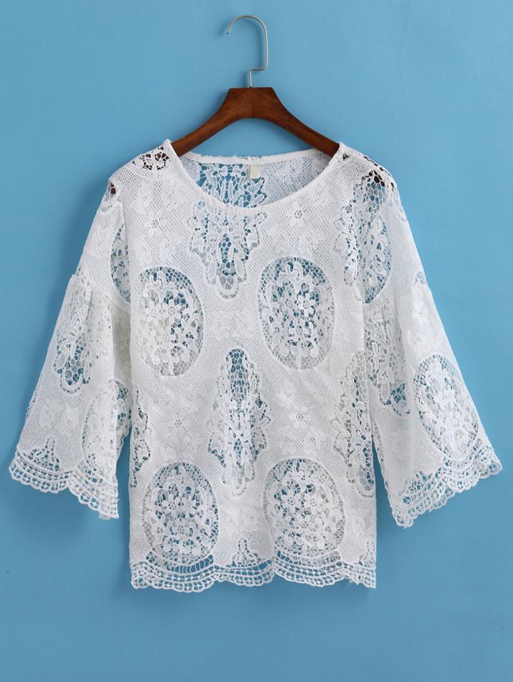Romwe Round Neck Hollow Lace Blouse