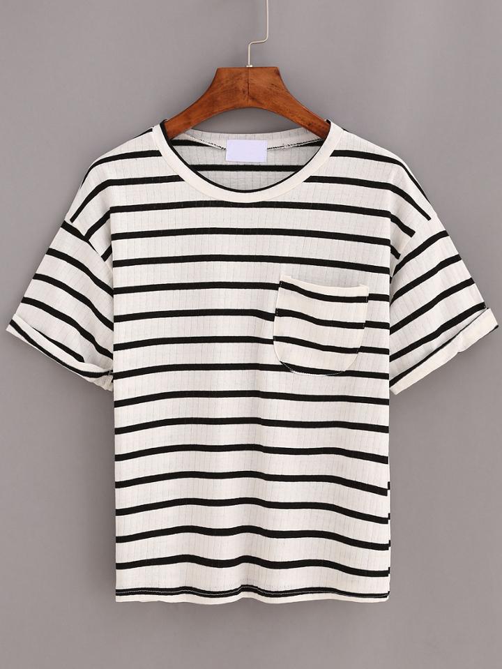 Romwe Black Striped Pocket Cuffed T-shirt