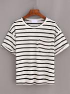 Romwe Black Striped Pocket Cuffed T-shirt