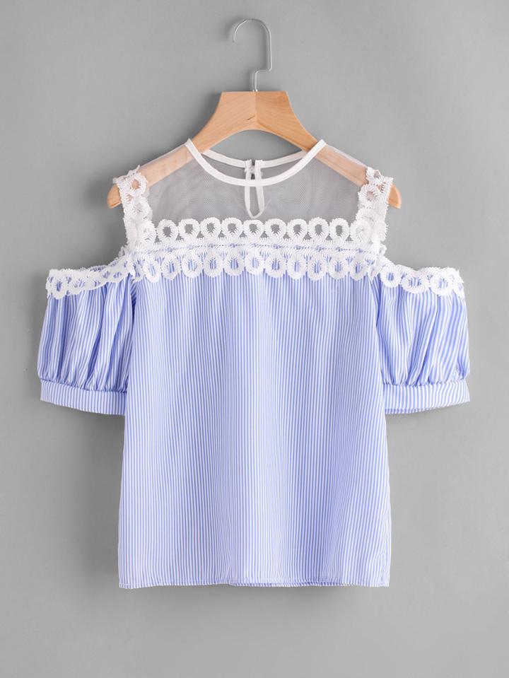 Romwe Open Shoulder Pinstriped Contrast Lace Blouse