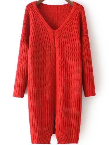 Romwe V Neck Split Front Red Sweater Dress