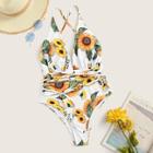 Romwe Random Sunflower Print Self Tie Plunge One Piece Swimsuit