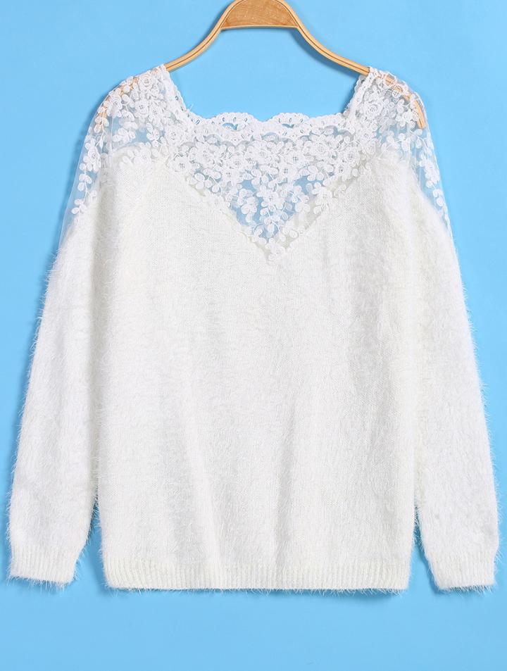 Romwe Lace Contrast Knit White Sweater
