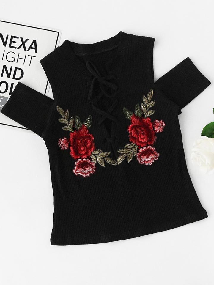 Romwe Open Shoulder Rose Embroidered Applique Top