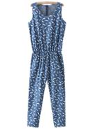 Romwe Blue Pockets Elastic Waist Zipper Back Beard Print Jumpsuit