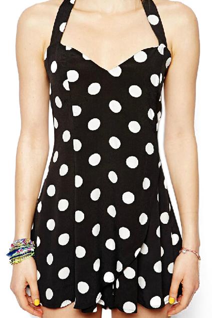Romwe V-neck Polka Dots Backless Black Dress