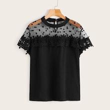 Romwe Plus Contrast Mesh Hollow Out Crochet Blouse