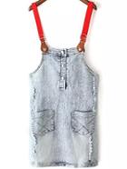 Romwe Strap With Pockets Buttons Bleached Denim Dress