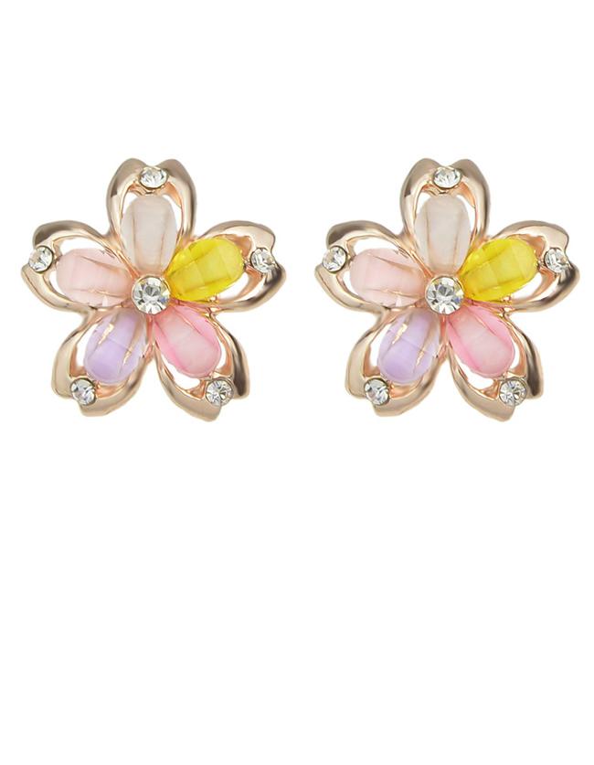 Romwe Colorful Rhinestone Flower Clip Earrings