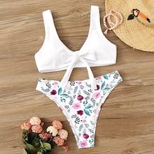 Romwe Tie Front Top With Random Tropical Print Bikini