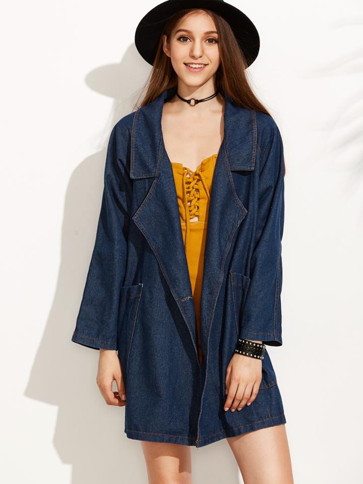 Romwe Blue Notch Lapel Denim Outerwear
