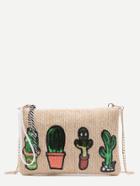 Romwe Cereus Sequin Embellished Khaki Straw Chain Bag