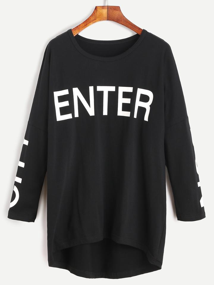 Romwe Black Letter Print High Low Drop Shoulder T-shirt