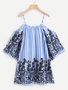 Romwe Fluted Sleeve Paisley Embroidered Striped Dress