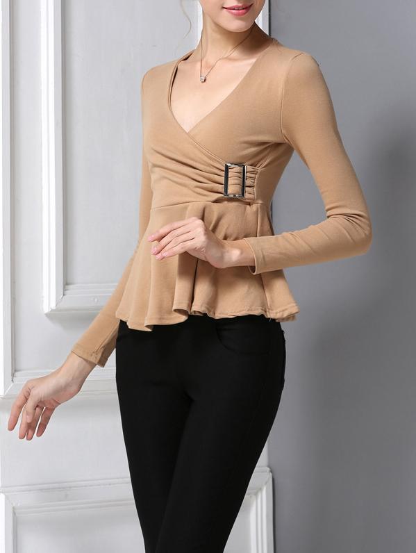 Romwe V Neck Ruffle Khaki T-shirt