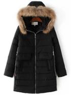 Romwe Black Zipper Detail Padded Coat With Faux Fur Hooded