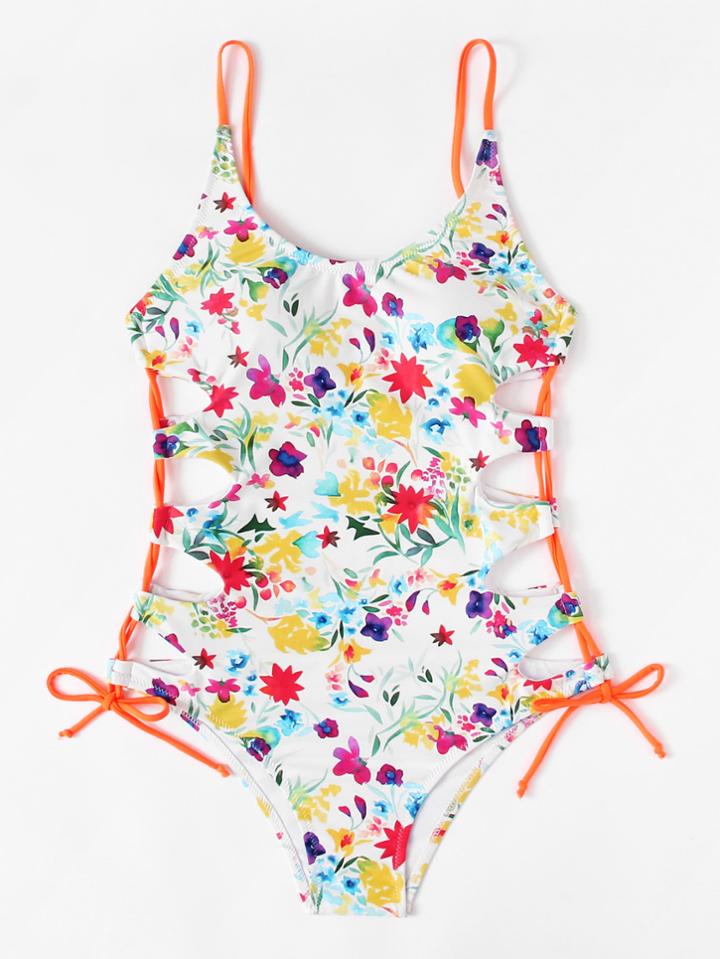 Romwe Calico Print Side Tie Swimsuit