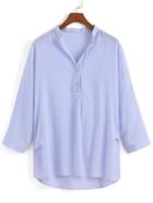 Romwe V Neck Dip Hem Vertical Striped Blue Blouse