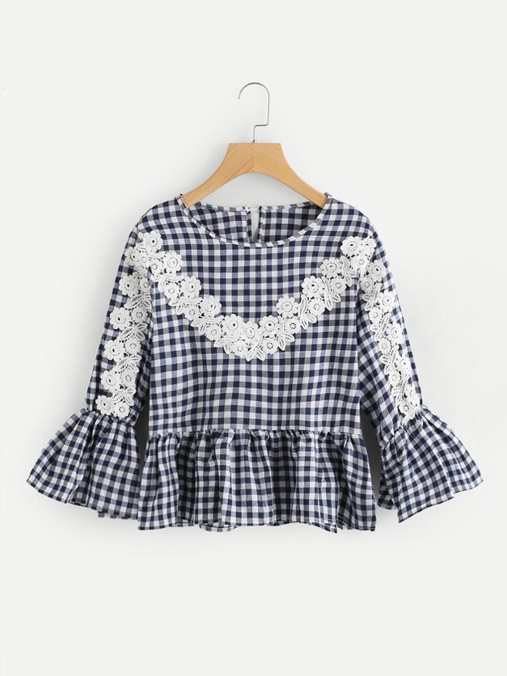 Romwe Crochet Applique Frill Sleeve Pep Hem Gingham Blouse