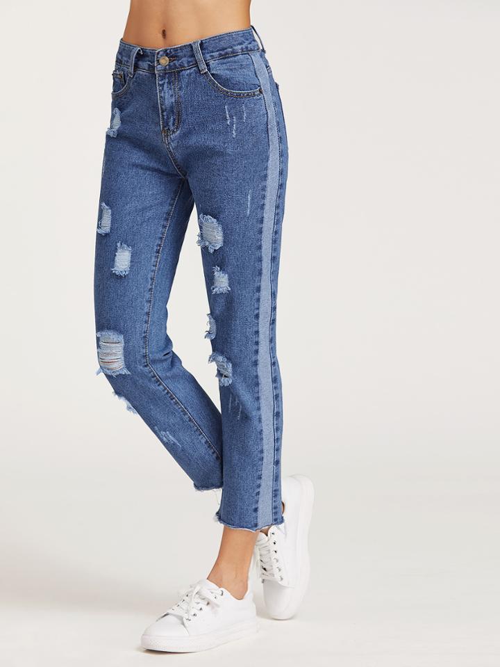 Romwe Ripped Asymmetric Fray Hem Washed Jeans
