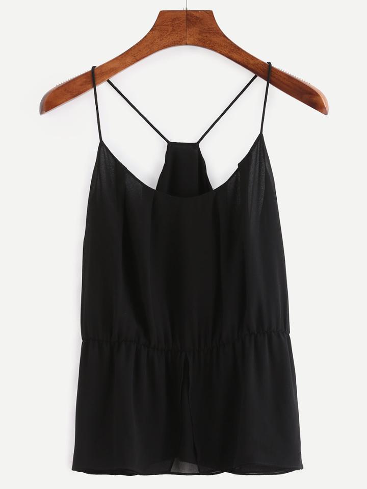 Romwe Racerback Chiffon Peplum Cami Top - Black