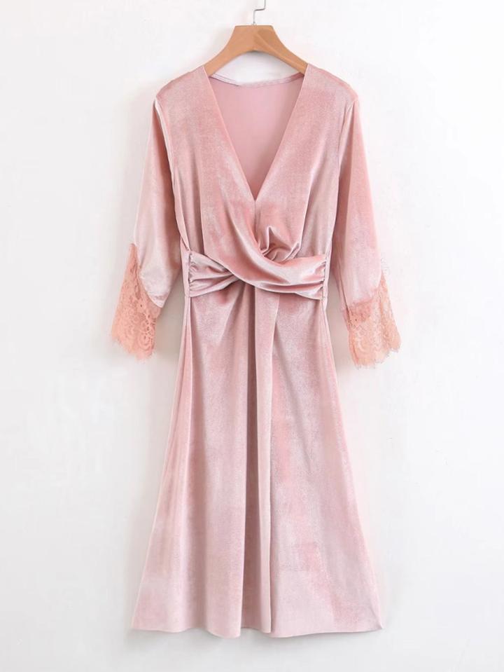 Romwe Lace Cuff Cross Velvet Dress