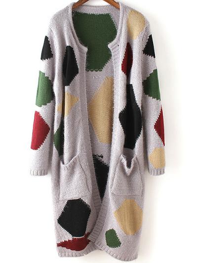 Romwe Long Sleeve Pockets Grey Cardigan