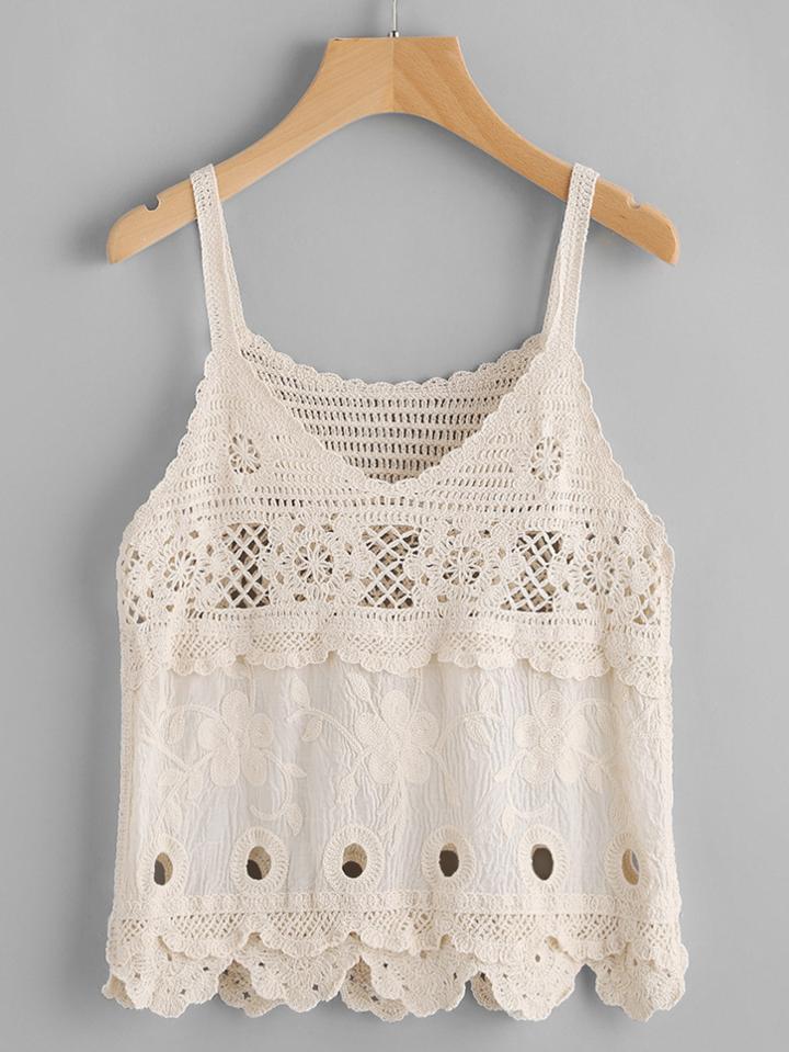 Romwe V Neckline Scalloped Hem Crochet Cami Top