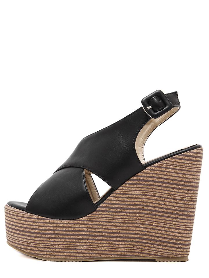 Romwe Black Open Toe Cork Sole Wedge Pumps