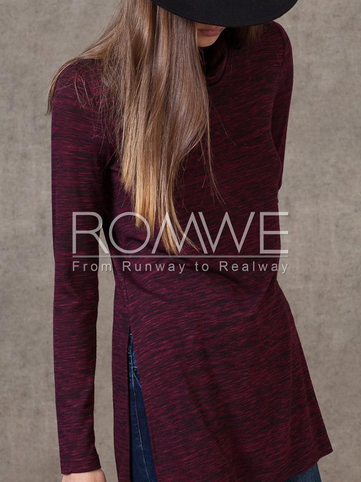 Romwe Burgundy High Neck Side Slit Dip Hem T-shirt