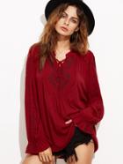 Romwe Burgundy Tie Neck High Low Embroidered Blouse
