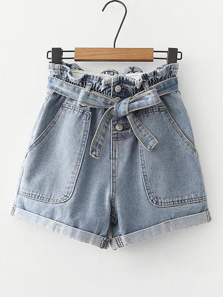 Romwe Self Tie Cuffed Denim Shorts