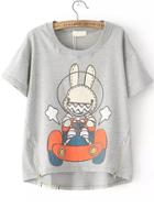 Romwe Dip Hem With Zipper Rabbit Print Grey T-shirt