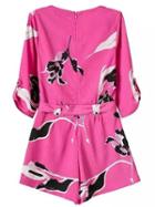 Romwe Hot Pink Tie-waist Bow Flower Print Romper