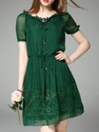 Romwe Green Tie Neck Drawstring Shift Lace Dress