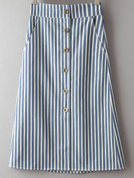 Romwe Multicolor Pockets Buttons Front Stripe Skirt