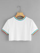 Romwe Contrast Rainbow Stripe Trim Raw Hem Crop Tee