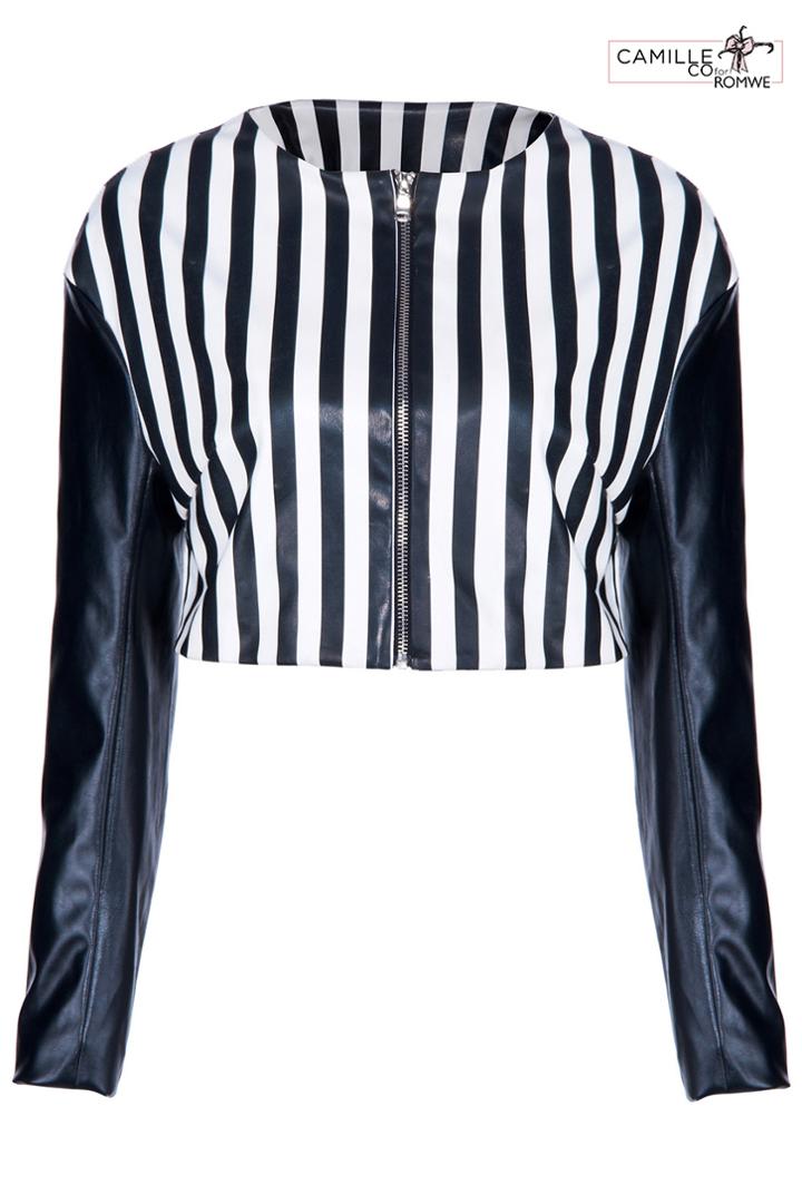 Romwe Romwe Long-sleeved Black & White Striped Vinyl Jacket