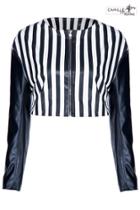 Romwe Romwe Long-sleeved Black & White Striped Vinyl Jacket