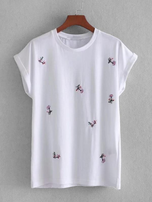 Romwe Embroidery Cuffed Tee