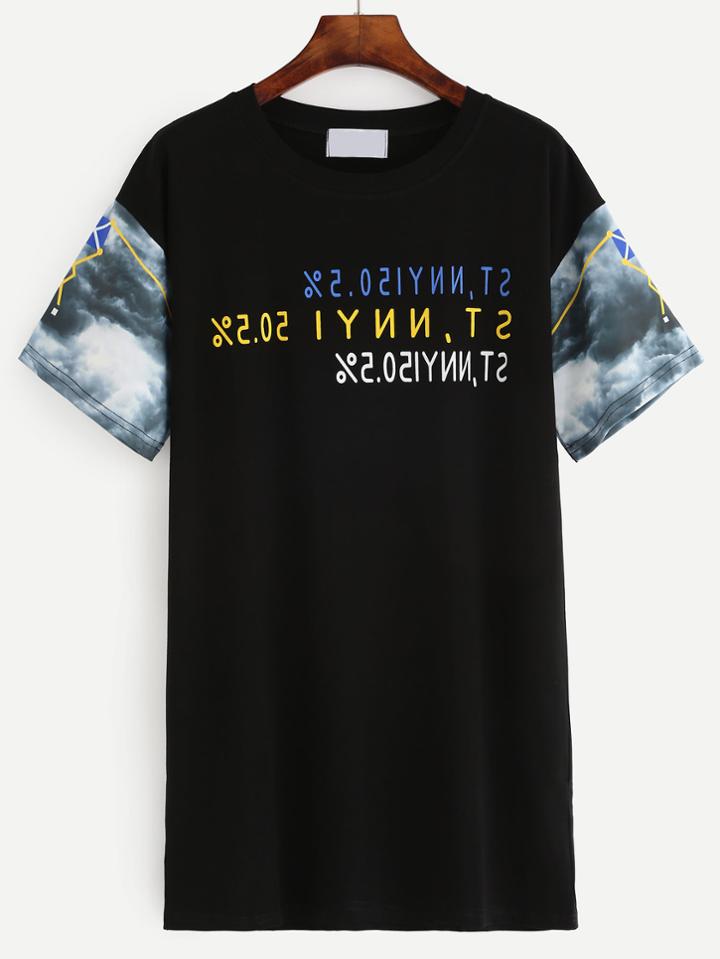 Romwe Black Color Block Numbers Print Tee Dress