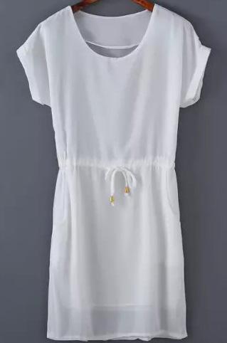 Romwe Short Sleeve Cuffed White Dress