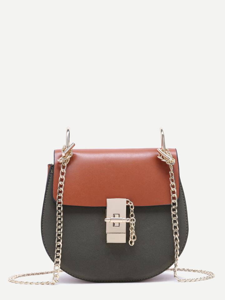 Romwe Color Block Pu Flap Saddle Chain Bag